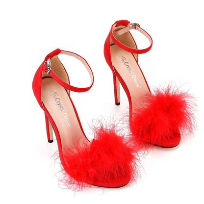 Flauschige Peep Toe Stilettos mit Fellfeder